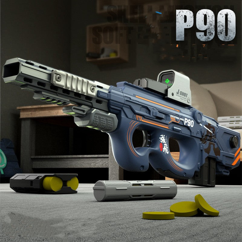 Toy gun labeled 'P90' with accessories on a surface