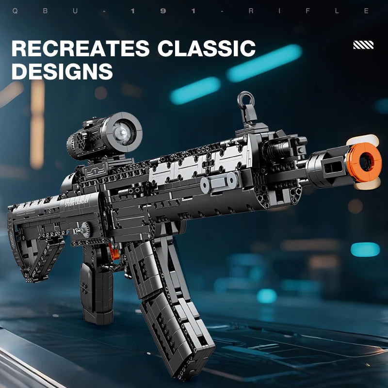 Toy rifle model with 'RECREATES CLASSIC DESIGNS' text on a dark background