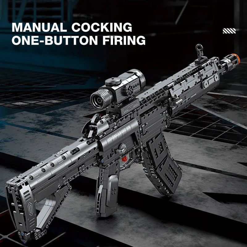 Toy gun with manual cocking and one-button firing features on a dark background