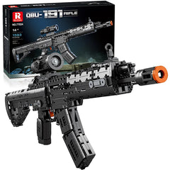 Toy rifle model with detailed design in front of its packaging