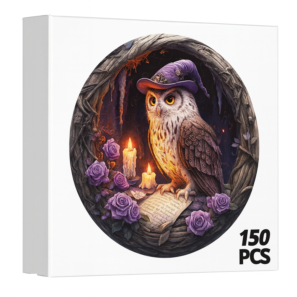 150-piece round owl wooden puzzle box showing fantasy art with owl, candles, and roses.