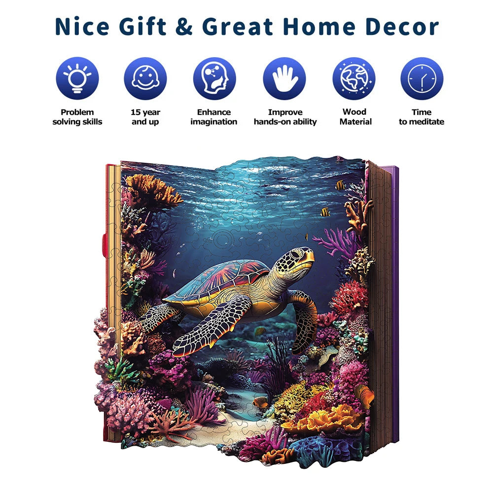Decorative book with turtle and coral design, labeled as a nice gift and home decor item.