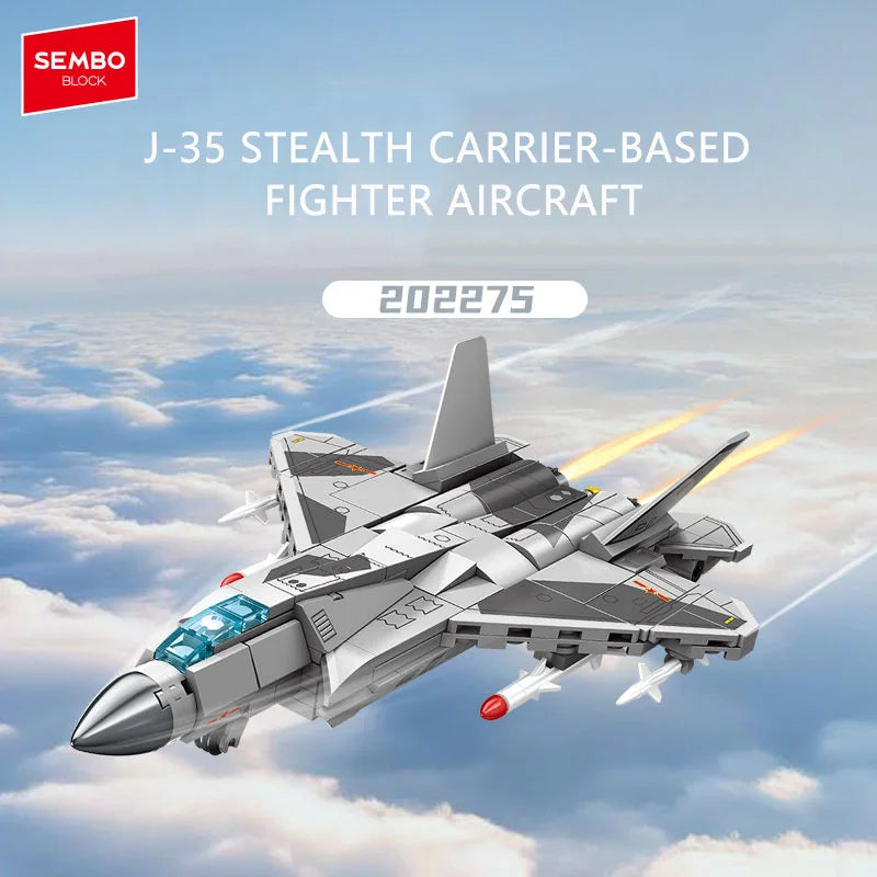 Toy model of a J-35 stealth carrier-based fighter aircraft with SEMBO BLOCK branding against a cloudy sky.