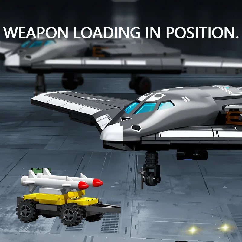 Close-up of Sembo Block HUN 20 cockpit and jet engine parts from building set.