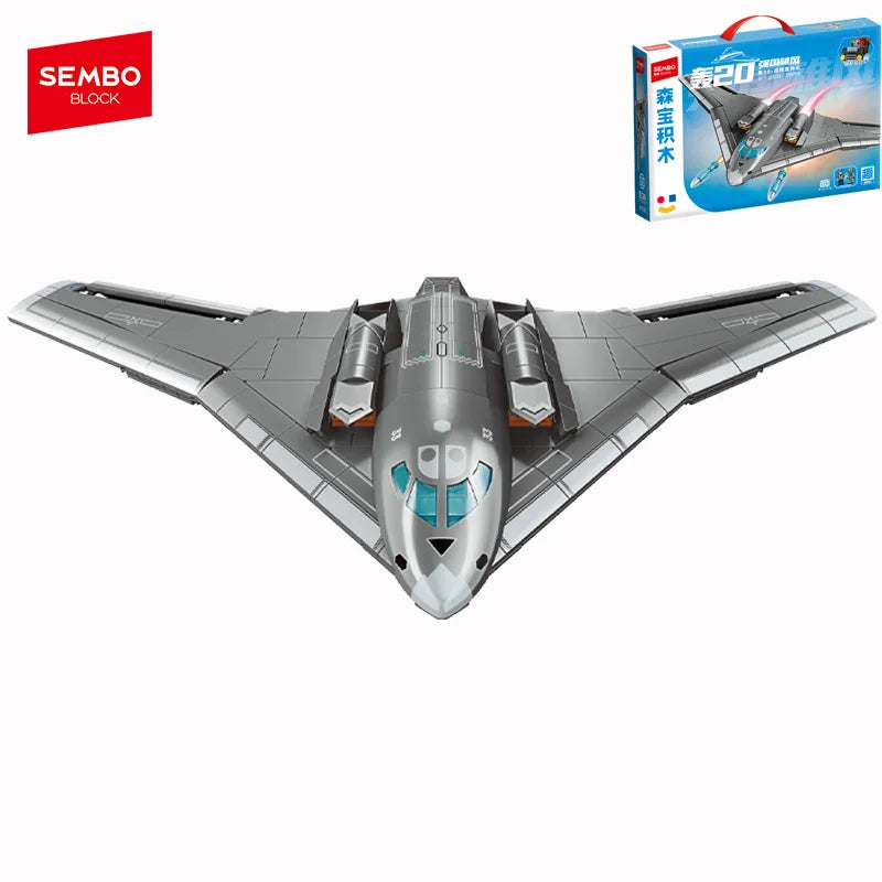 Front view of Sembo Block HUN 20 stealth bomber building toy set with detailed gray design and cockpit.