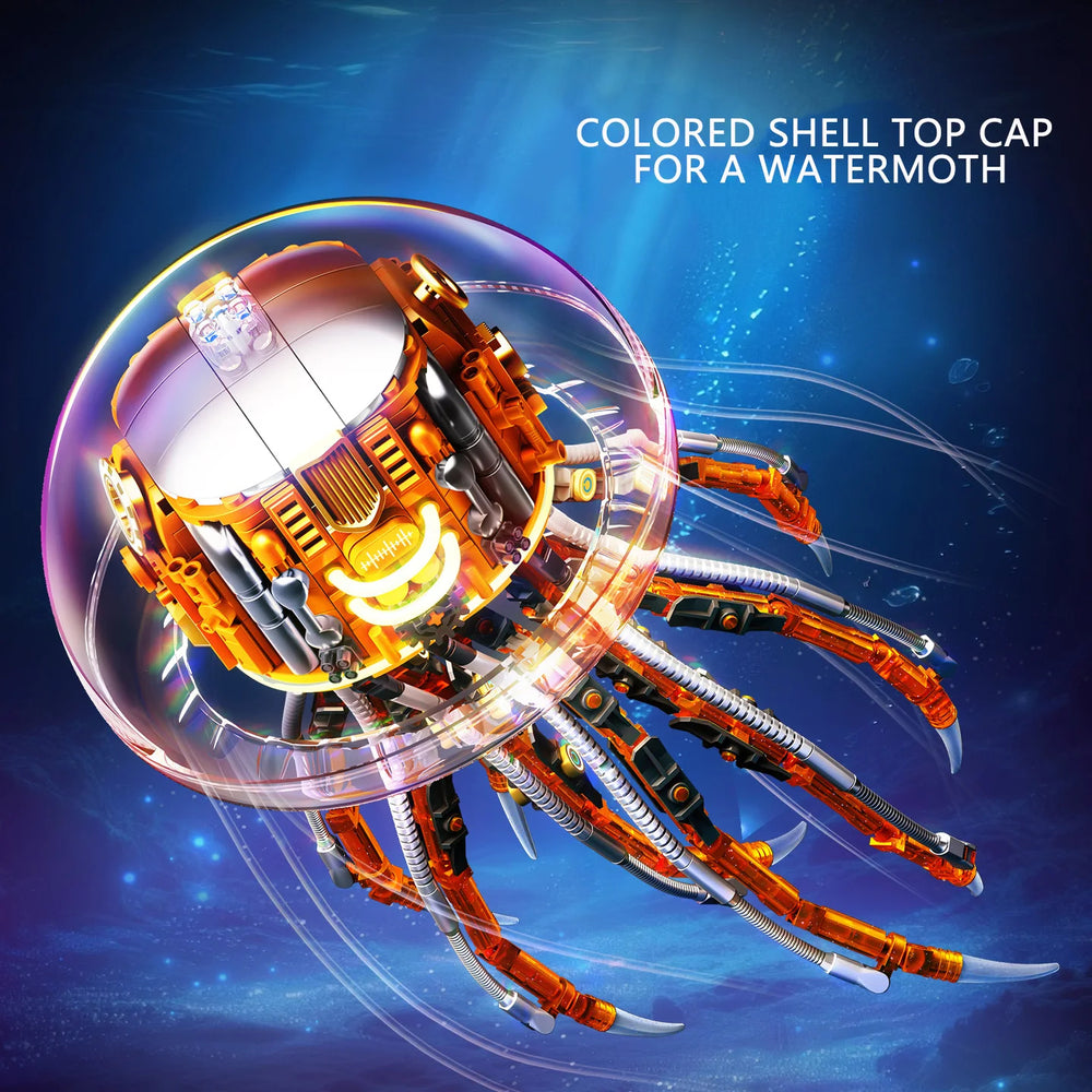 Close-up of intricate gears and translucent dome of Sembo Block jellyfish model