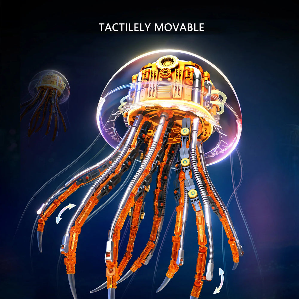 Illuminated display of Sembo Block mechanical jellyfish with glowing details