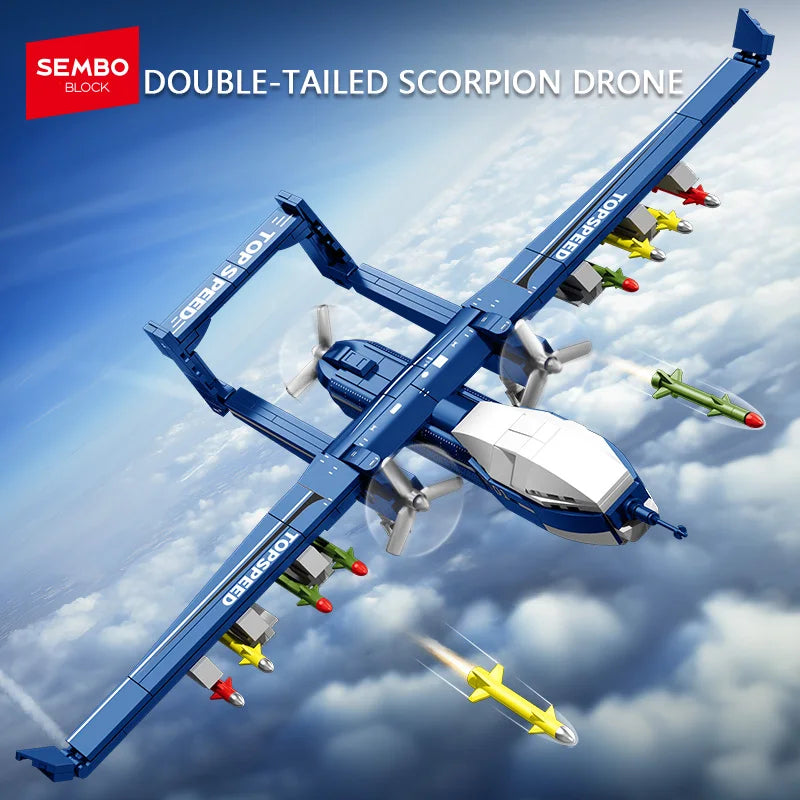 Complete Sembo Block TB001 blue aircraft building set fully assembled and displayed with accessories.