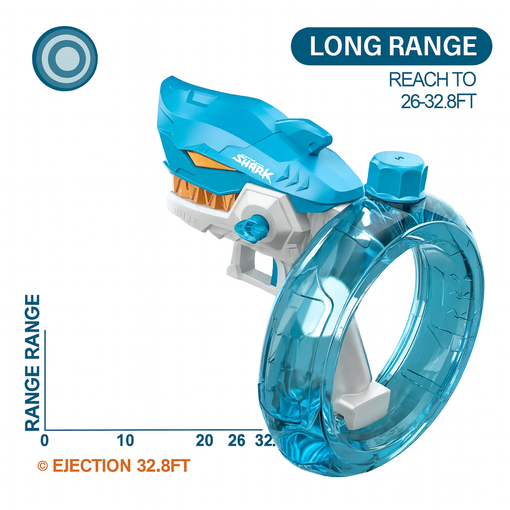 Shark Electric Water Gun showing long range water beam up to 32 feet – high pressure rechargeable water blaster for kids by Toytto