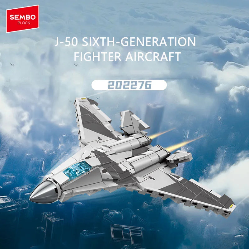 Model of a sixth-generation fighter aircraft with SEMBO BLOCK branding against a cloudy sky background.