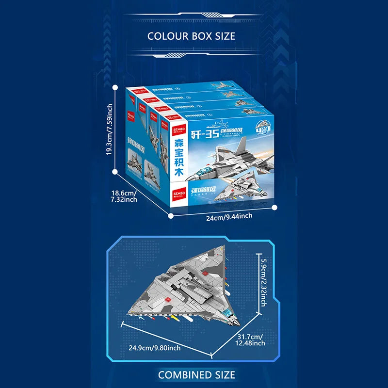 Product packaging with dimensions and model details on a blue background