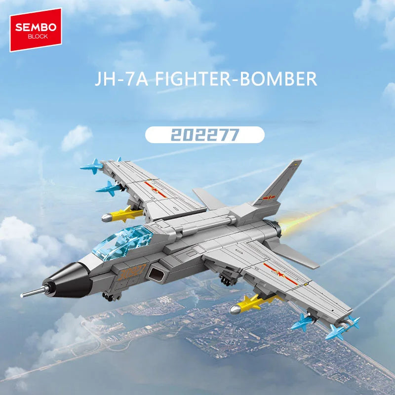 Toy model of a JH-7A Fighter-Bomber against a blue sky with clouds, featuring the SEMBO BLOCK branding.
