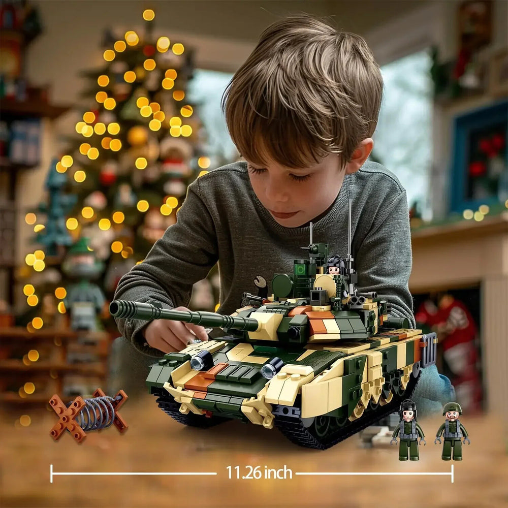 Child playing with a toy tank in a festive living room.