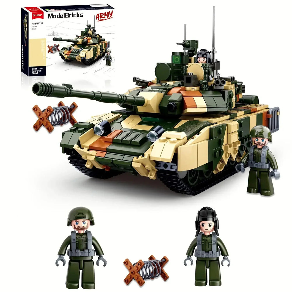 Toy tank set with figures and packaging on a white background