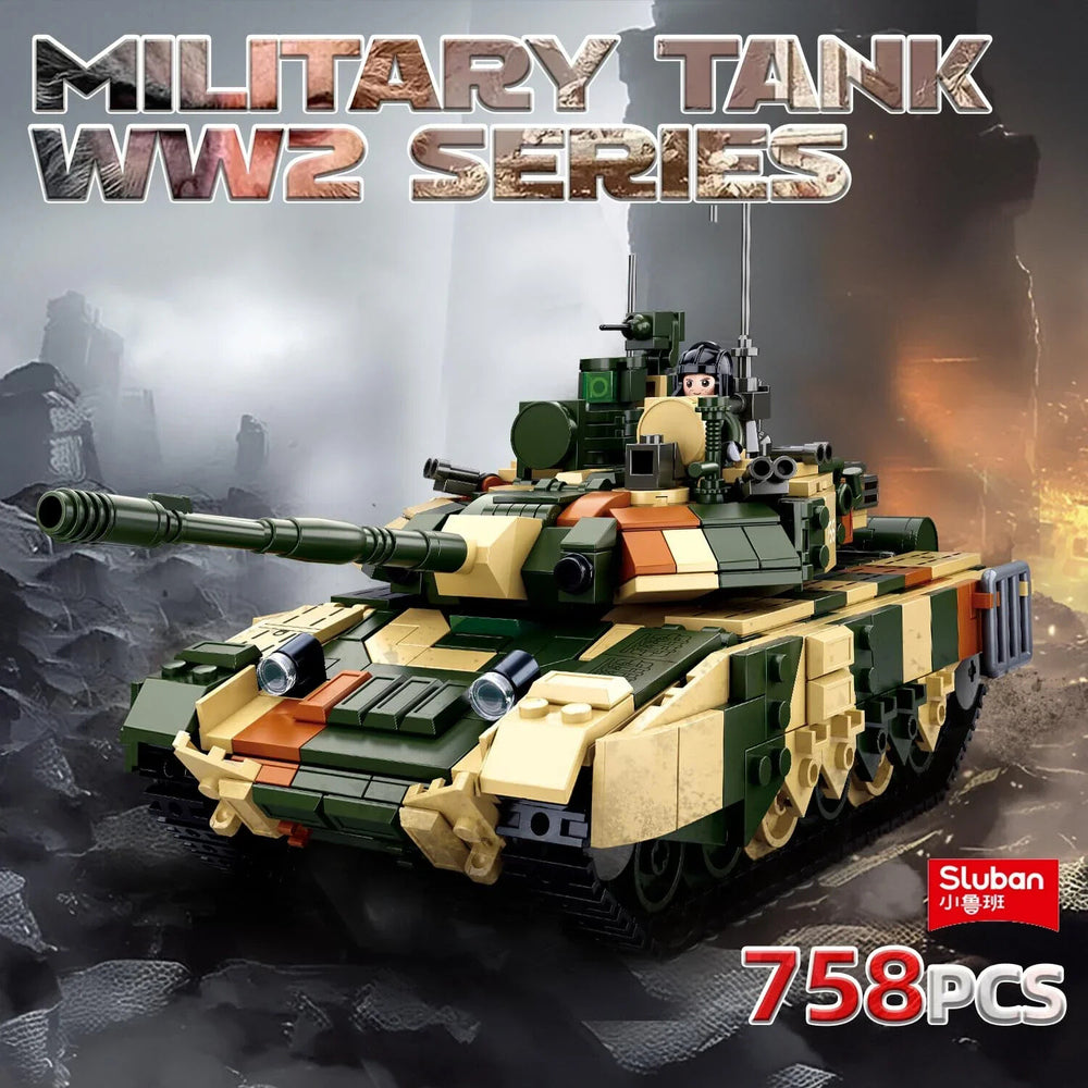 Toy military tank model from Sluban with 'Military Tank WW2 Series' text and '758 PCS' label.