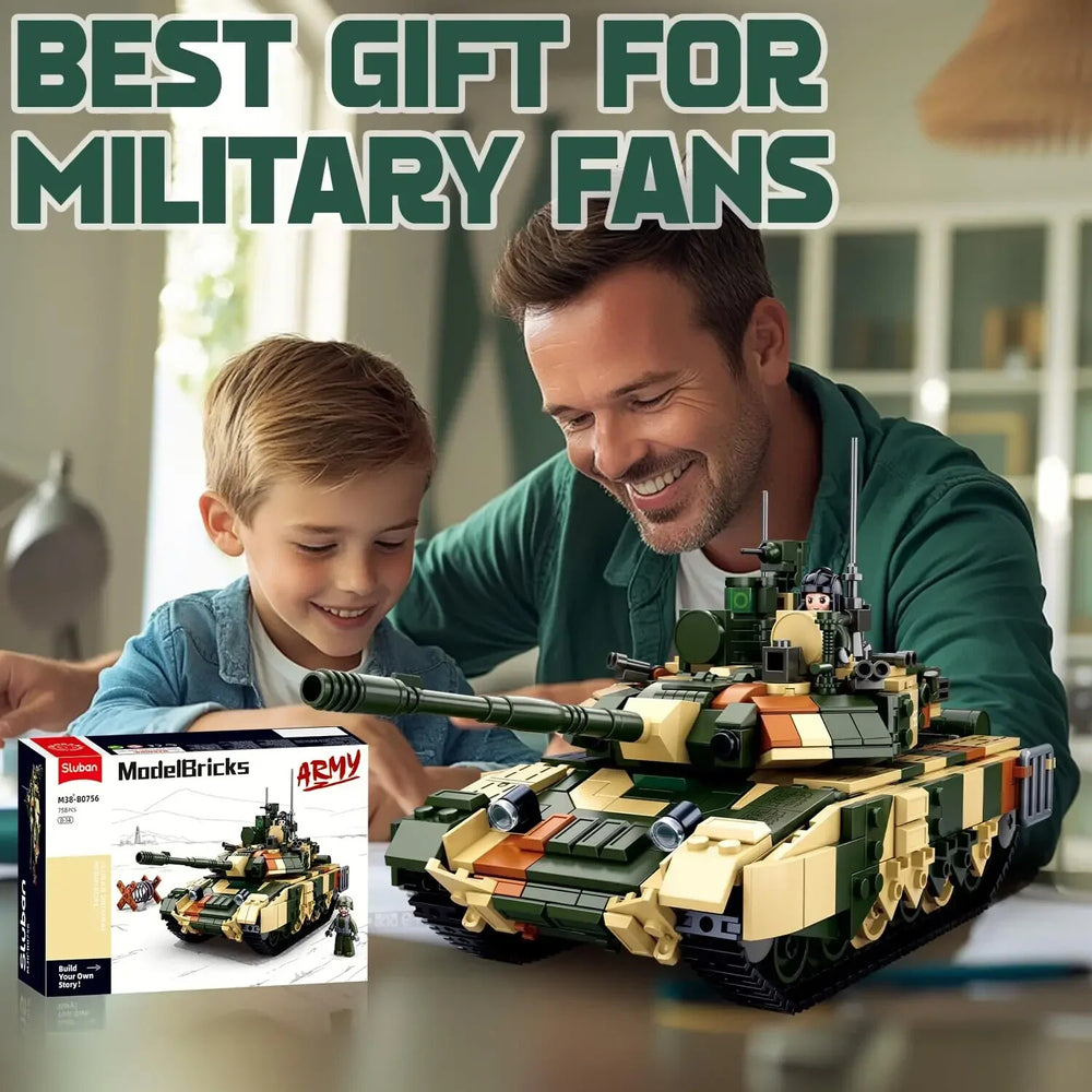 Man and child playing with a toy tank set, with 'ModelBricks Army' packaging displayed.
