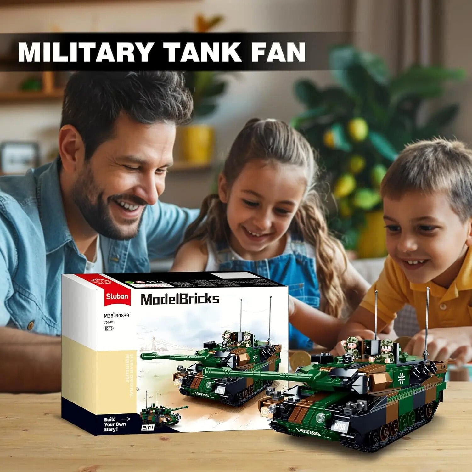 Family playing with ModelBricks military tank set on a wooden table.