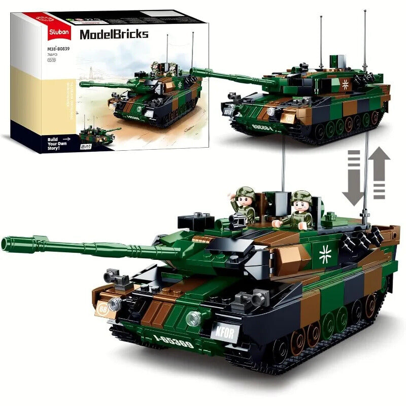 Toy tank model with detailed design and a box in the background