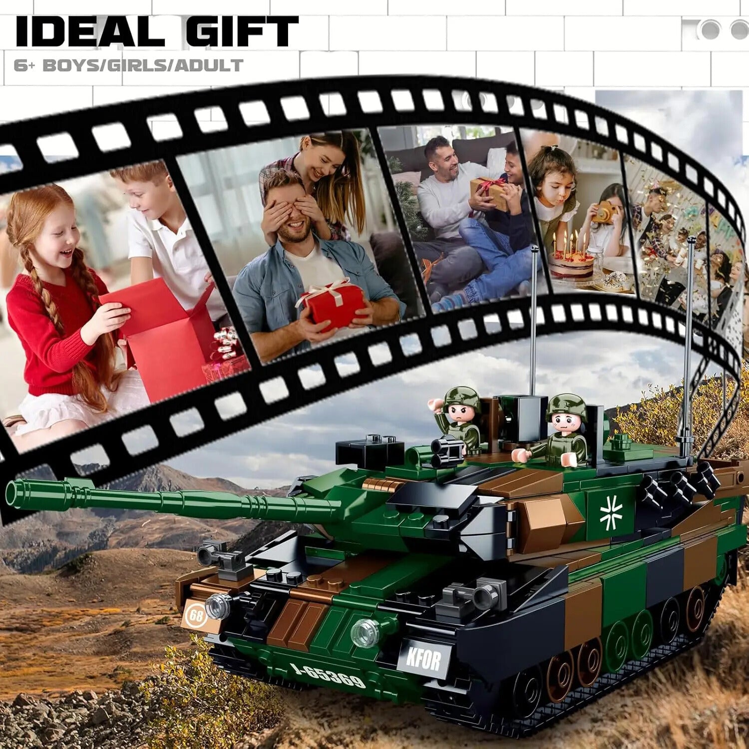 Toy tank with figures in a desert landscape, surrounded by family and friends enjoying red boxes.