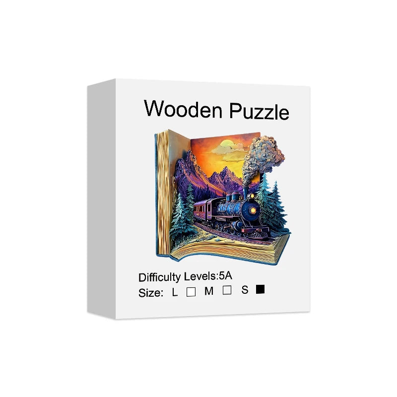 Wooden puzzle packaging with a train and mountain design on a white background