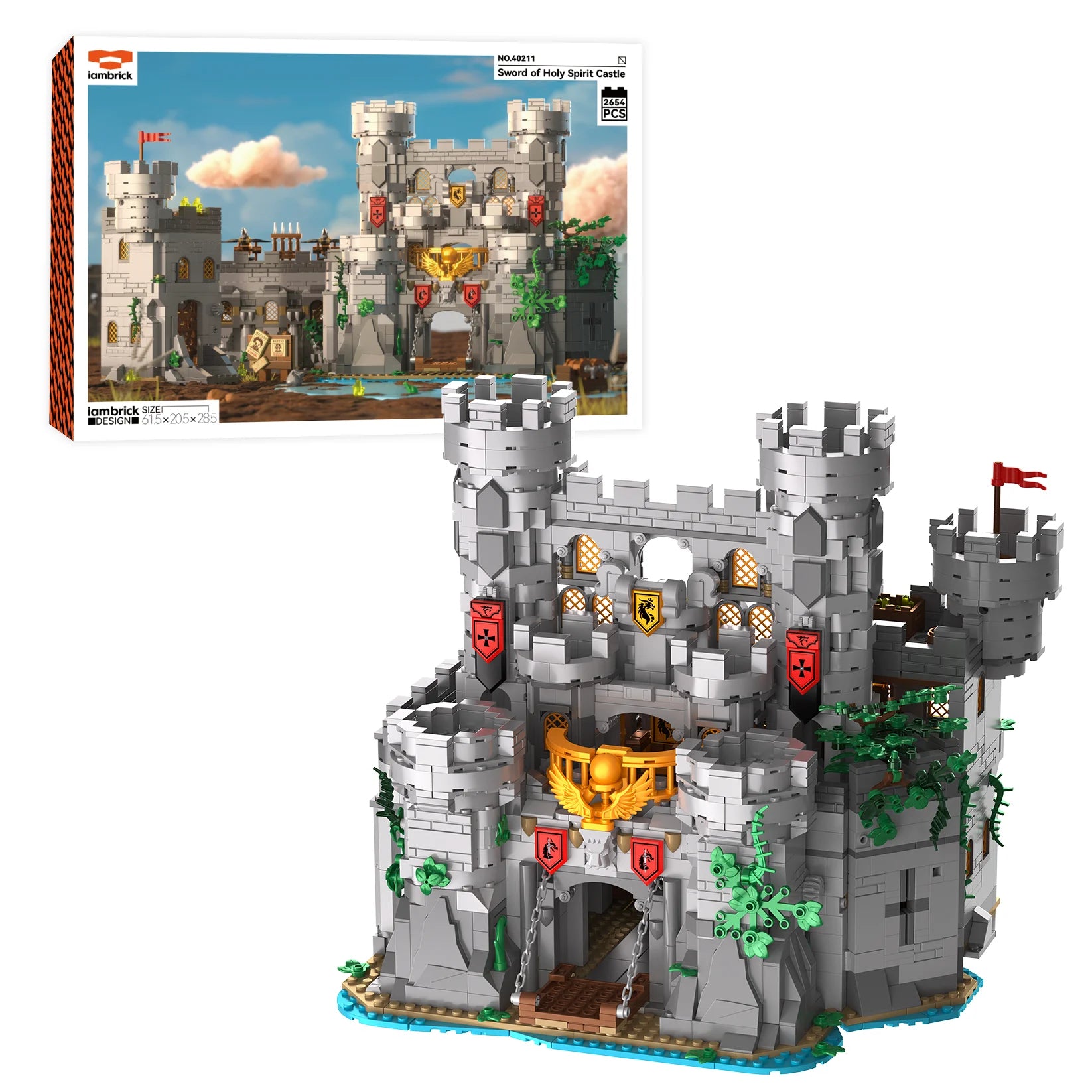 Toy castle model with detailed architecture and a box in the background