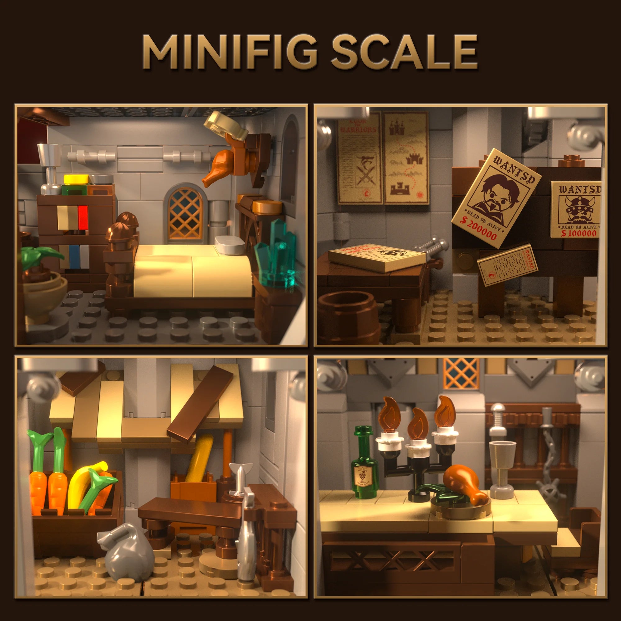 Collage of a detailed LEGO model of a kitchen scene with various items and furniture.