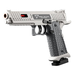 Tactical handgun with a white and gray finish on a white background