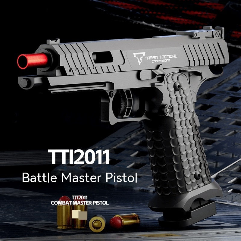 Tactical pistol with red laser sight on a dark background