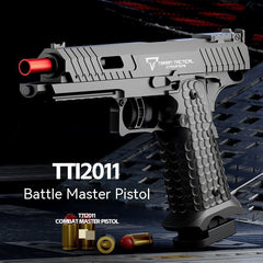 Tactical pistol with red laser sight on a dark background