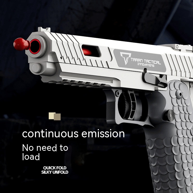 Tactical gun with red accents on a dark background