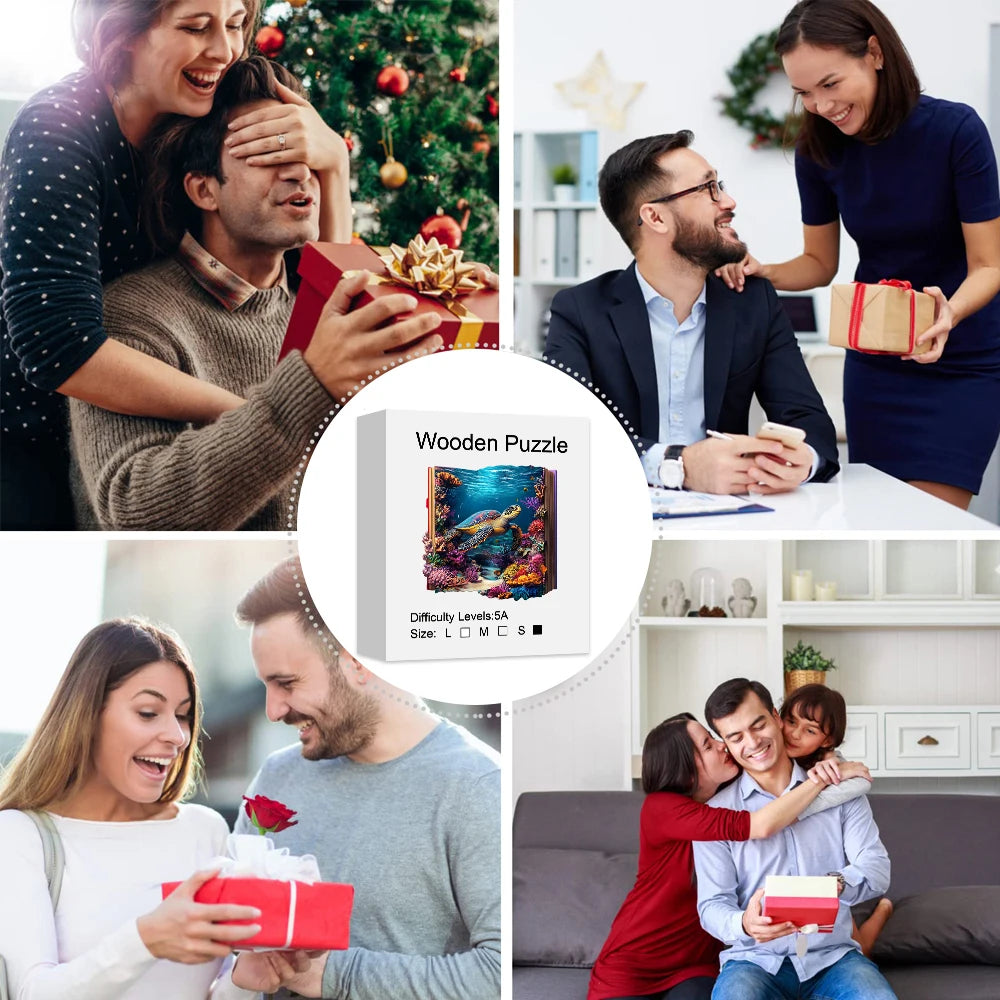 Collage of people exchanging gifts with a wooden puzzle in the center.