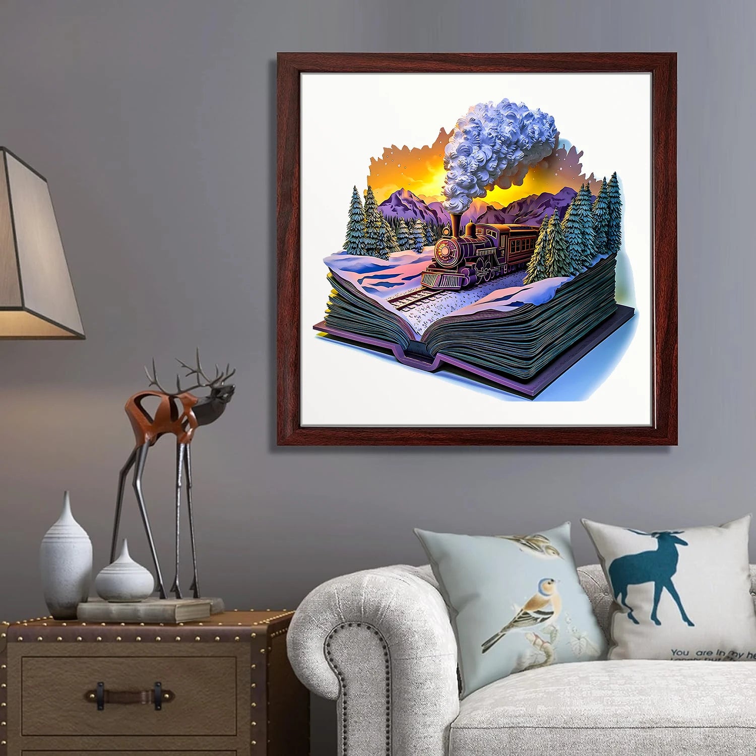 book-shaped 3D puzzle showing wooden steam locomotive inside