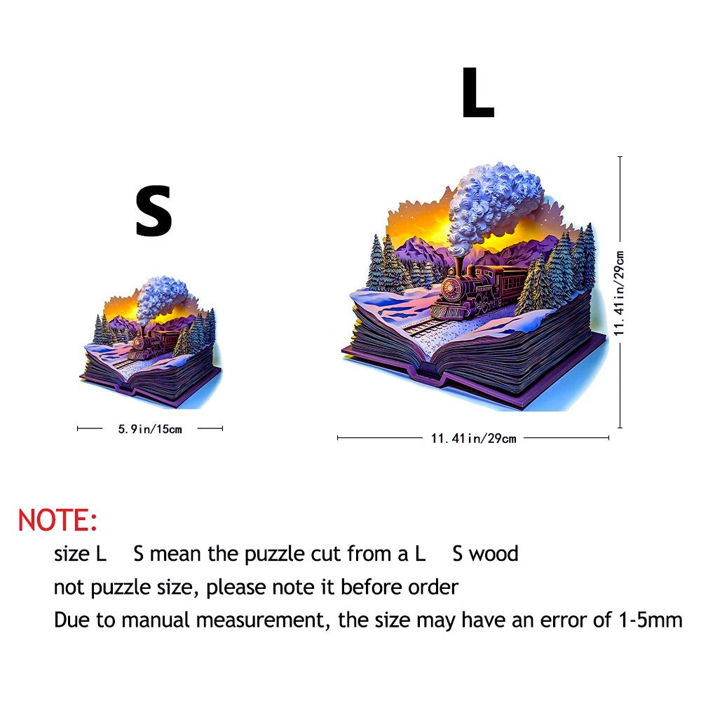 Two puzzle models of a landscape scene with size labels 'S' and 'L', and measurements displayed.